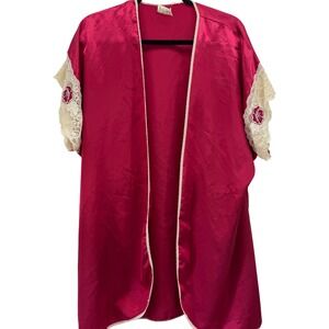 Wendy Ann Women's M Red Lace Floral Kimono Robe Jacket Sheer Sleeve Boho‎ Chic